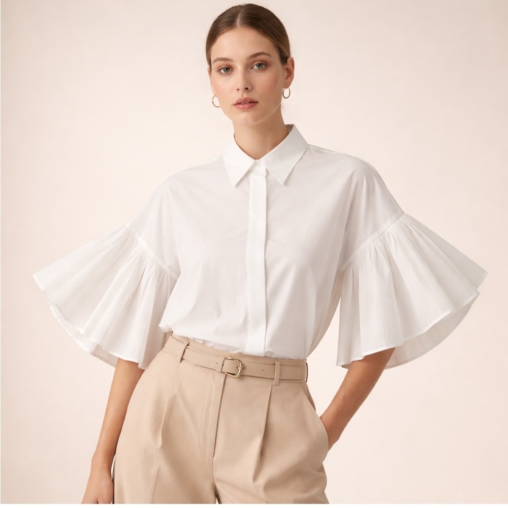 LIOR Paris White Ruffle Sleeve Button Front Blouse Size S